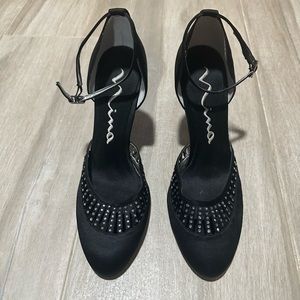 Women’s size 9 black rhinestone strap  3” Nina heels Like New